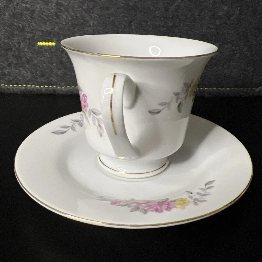 STR China Vintage Pink‎ Purple Yellow Floral Tea Cup and Saucer Gold Accents